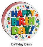 A round birthday-themed tin or container lid with a colorful 'HAPPY BIRTH DAY!' design, shown on a white background with the text 'Birthday Bash' below.