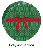 A round green gift tin with a holly leaf pattern and a red ribbon bow, shown on a white background with the text 'Holly and Ribbon' below.