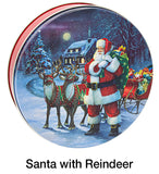 A round Christmas-themed tin or container lid featuring an illustrated winter scene with Santa Claus, two reindeer, a house, trees, and a sleigh full of gifts. The lid is shown against a white background with the text 'Santa with Reindeer' below.
